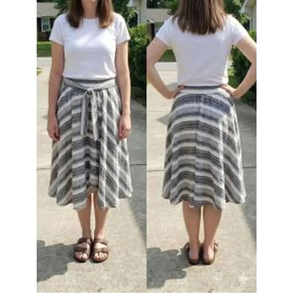 Flint & Stone Gray Blue Striped Midi Skirt with Tie Waist